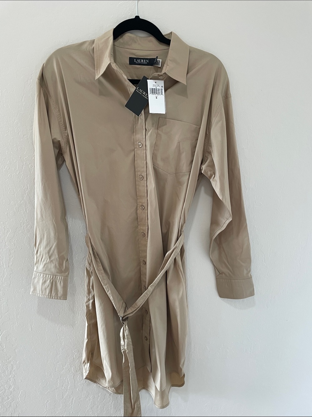 Lauren Ralph Lauren Tan Button-Front Midi Shirt Dress with Tie
